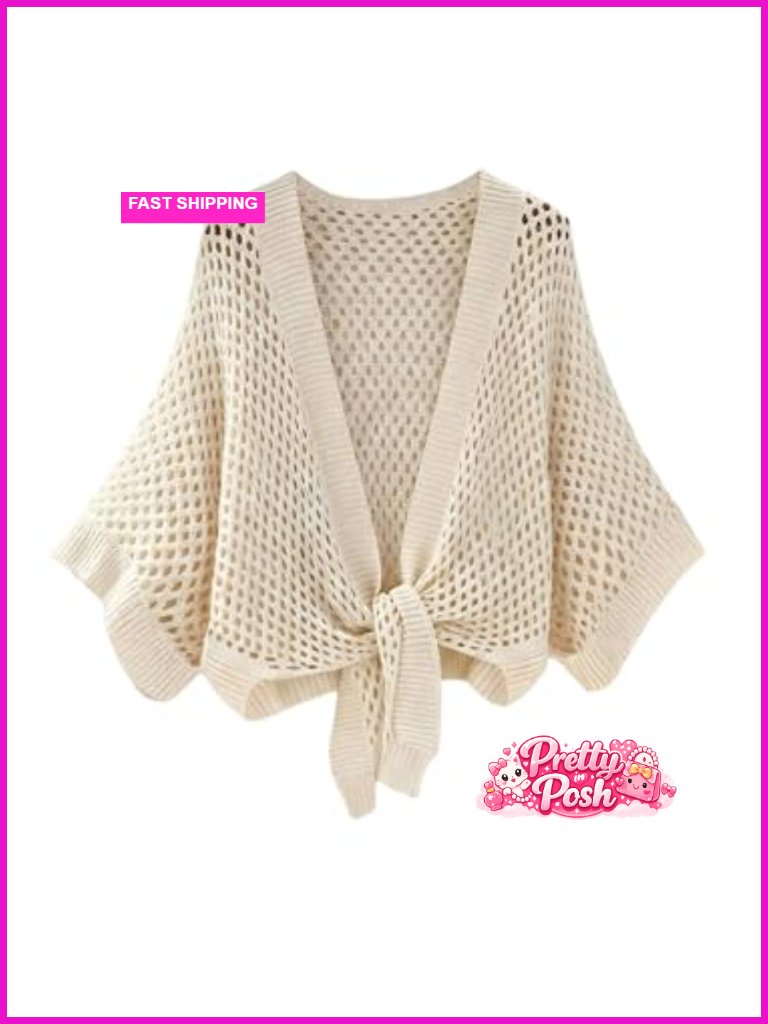 Hollow Out Crochet Sweater Bow Tie Front Deep V Neck 3/4 Sleeve Cropped Knit